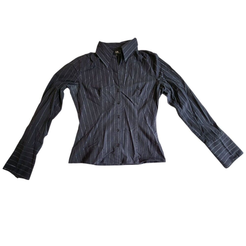 I.N. San Francisco Black Pinstripe Long Sleeve Collared Button Down Blouse Sz M